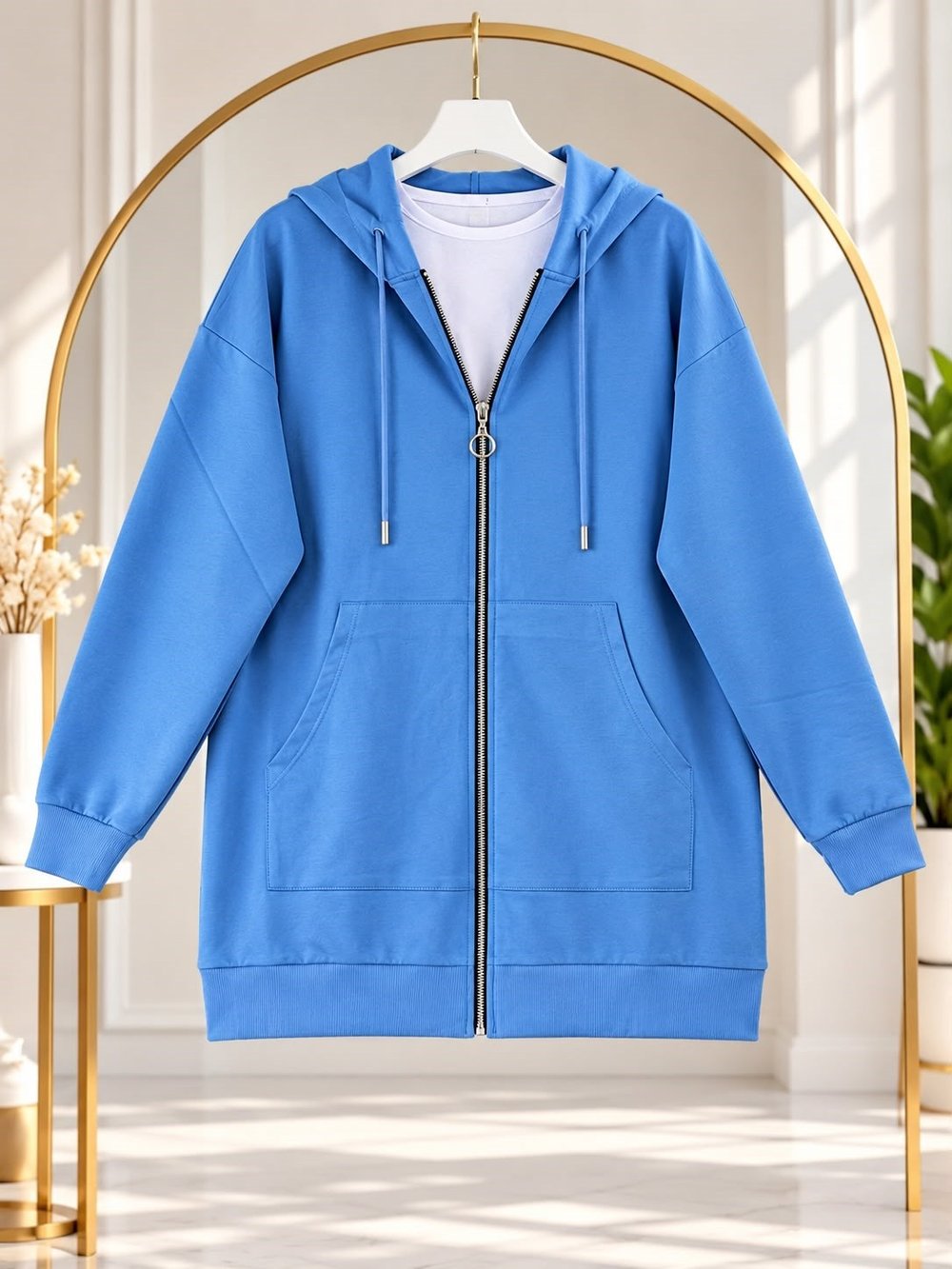 Kadın Kapüşonlu Fermuarlı Sweatshirt Mavi