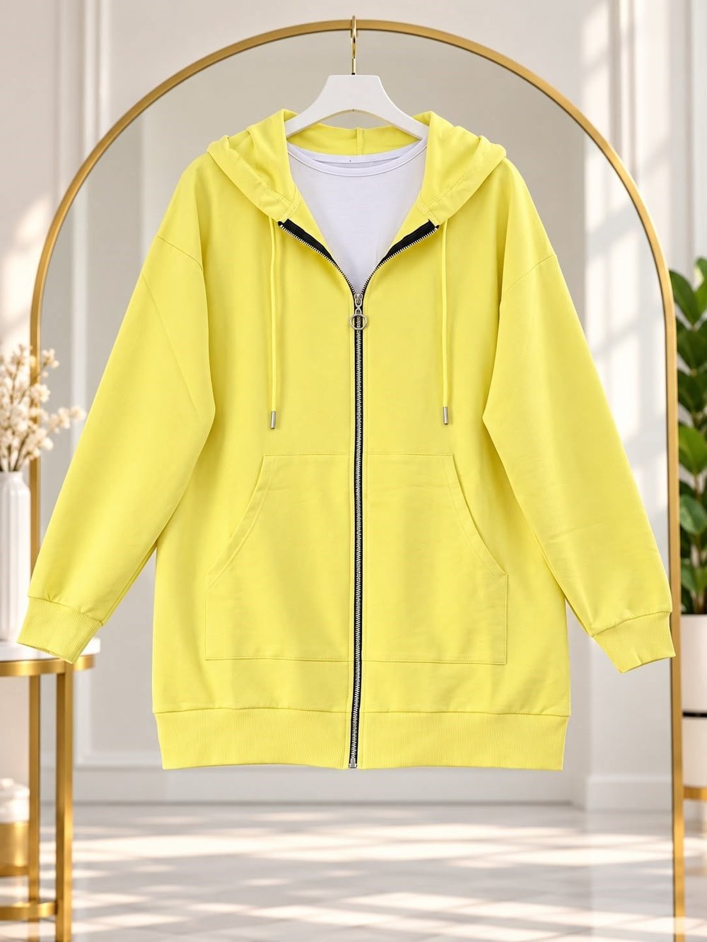 Kadın Kapüşonlu Fermuarlı Sweatshirt Sarı