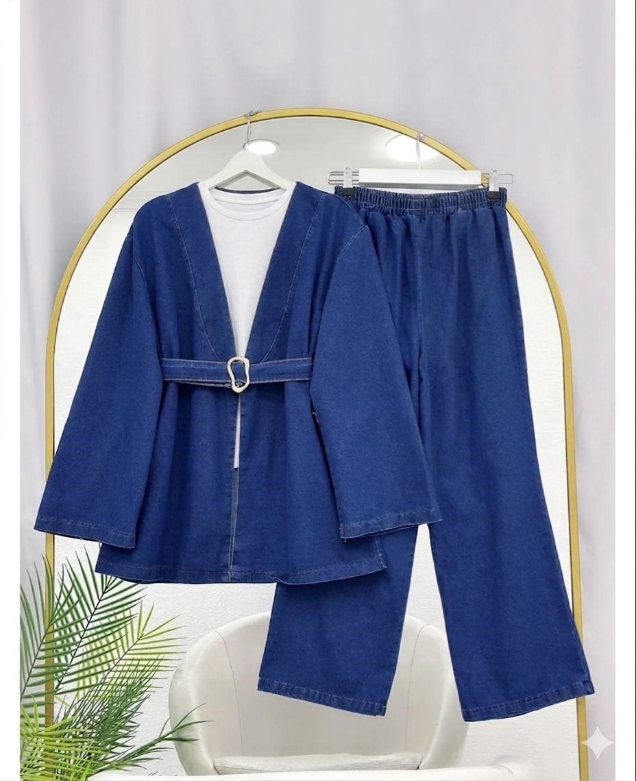 Kadın Kemer Detaylı Kot Kimono Takım - Mavi