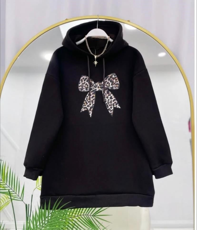 Kadın Leopar Fiyonk Baskılı Sweatshirt Siyah