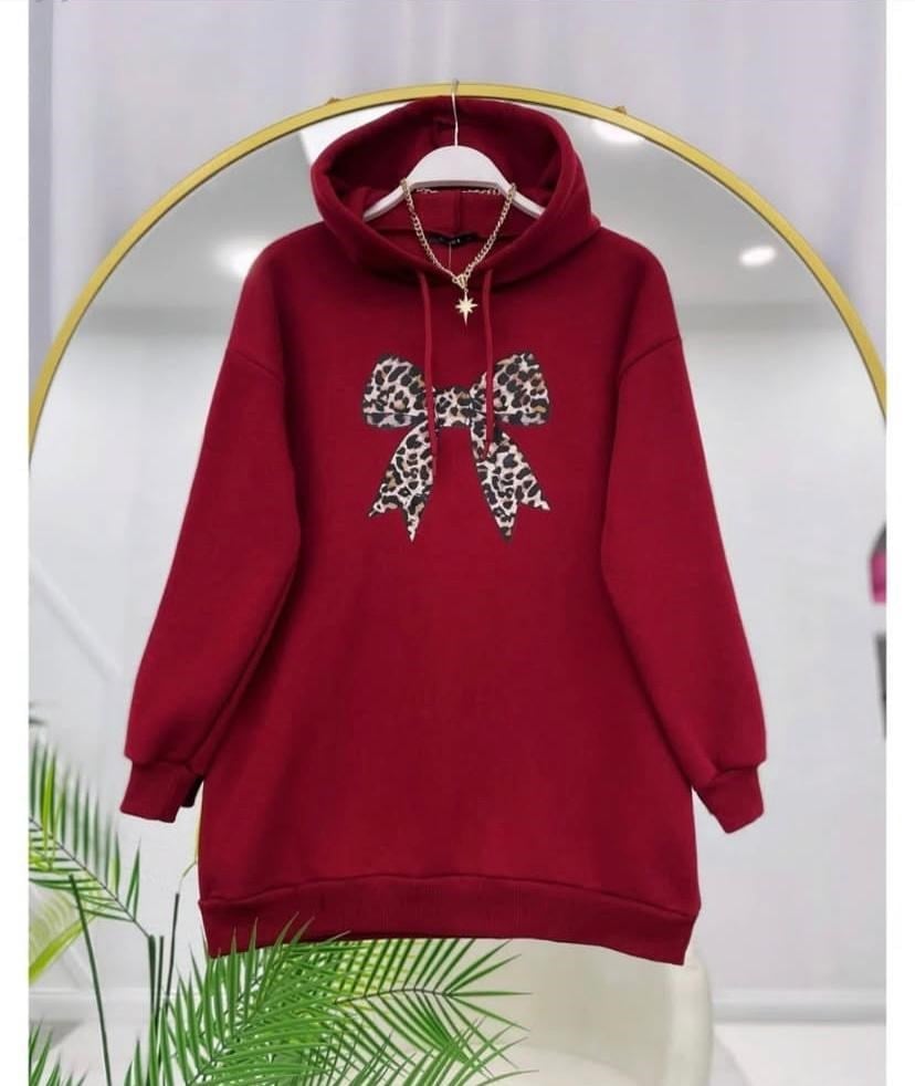 Kadın Leopar Fiyonk Baskılı Sweatshirt Bordo