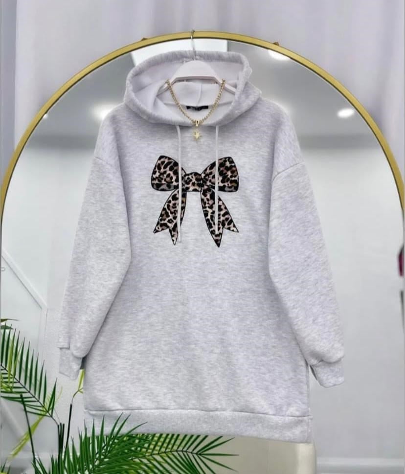 Kadın Leopar Fiyonk Baskılı Sweatshirt Gri