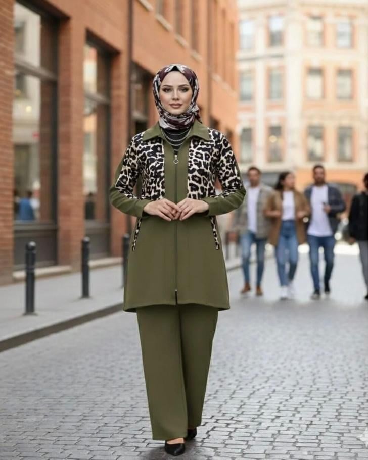 Kadın Leopar Parçalı İkili Takım Haki