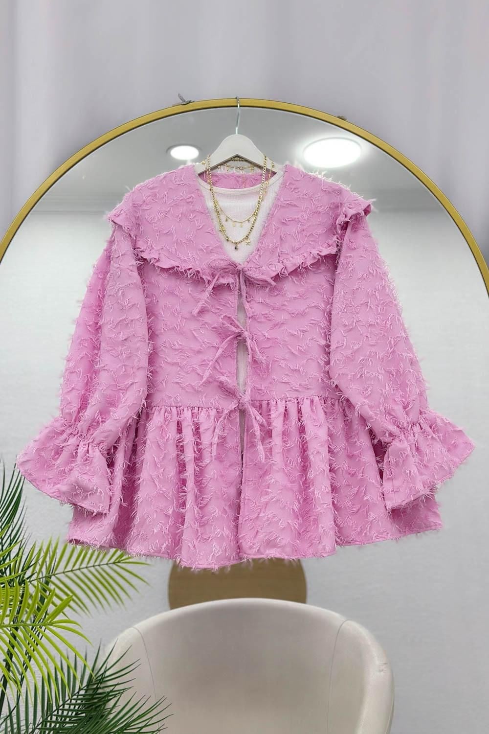 Kadın püsküllü kimono pembe