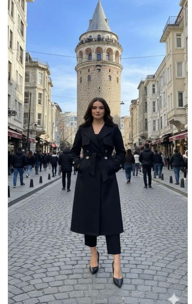 Kadın Şal Yaka Trençkot Siyah
