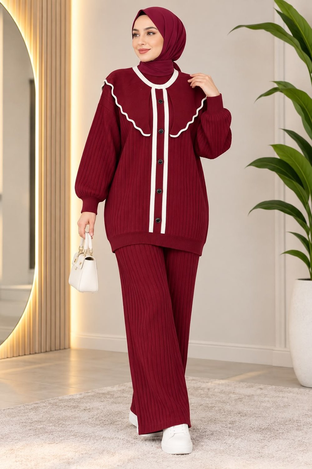 Kadın Tesettür Bebe Yaka Şeritli Triko Pantolonlu Takım Bordo