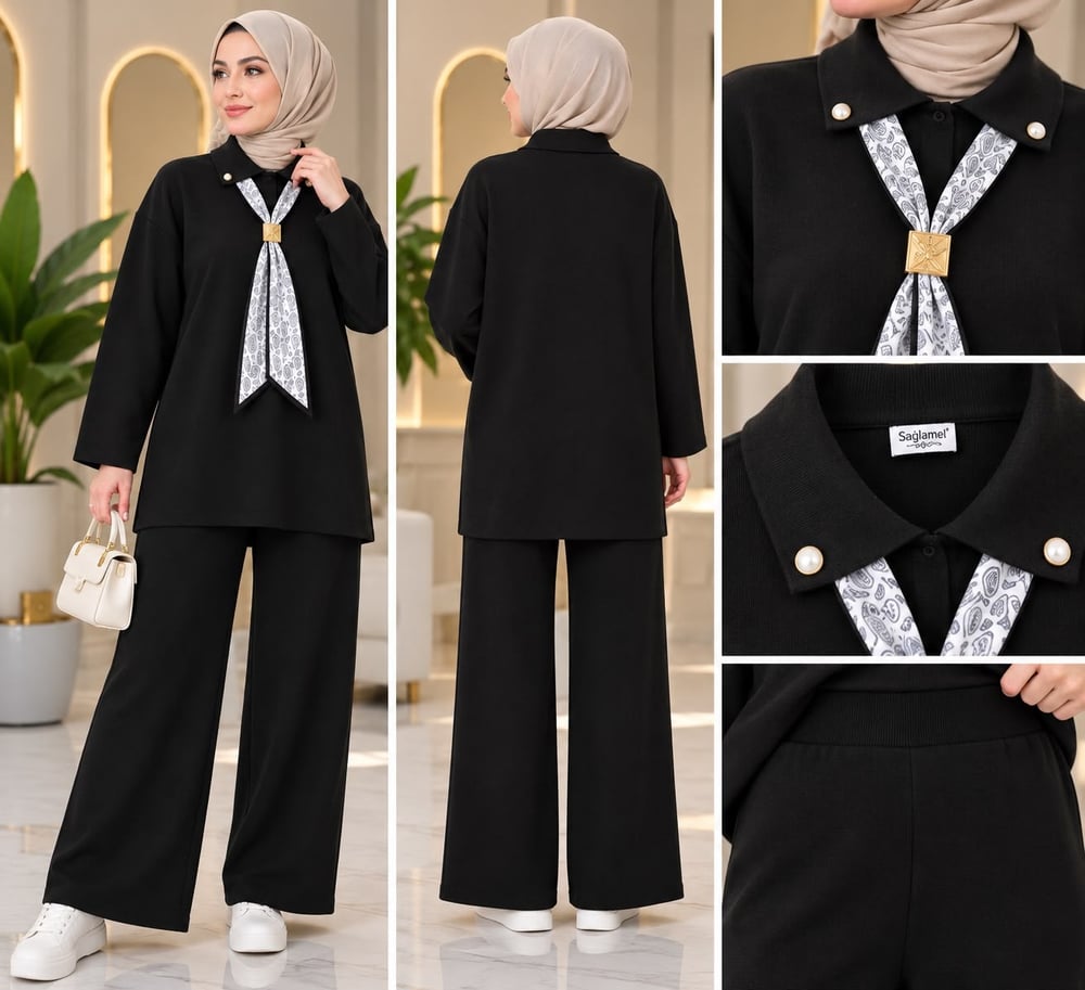 Kadın Tesettür Fular Detaylı Triko Pantolonlu Takım Siyah