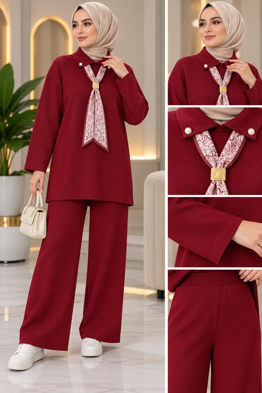Kadın Tesettür Fular Detaylı Triko Pantolonlu Takım Bordo