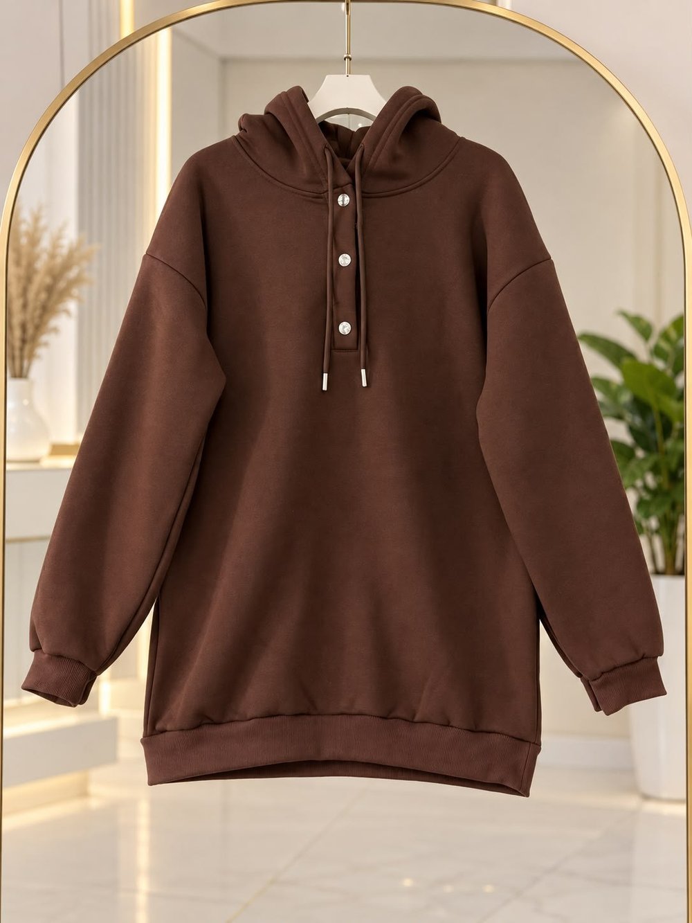 Kadın Tesettür Kapüşonlu Çıtçıtlı Sweatshirt Kahverengi