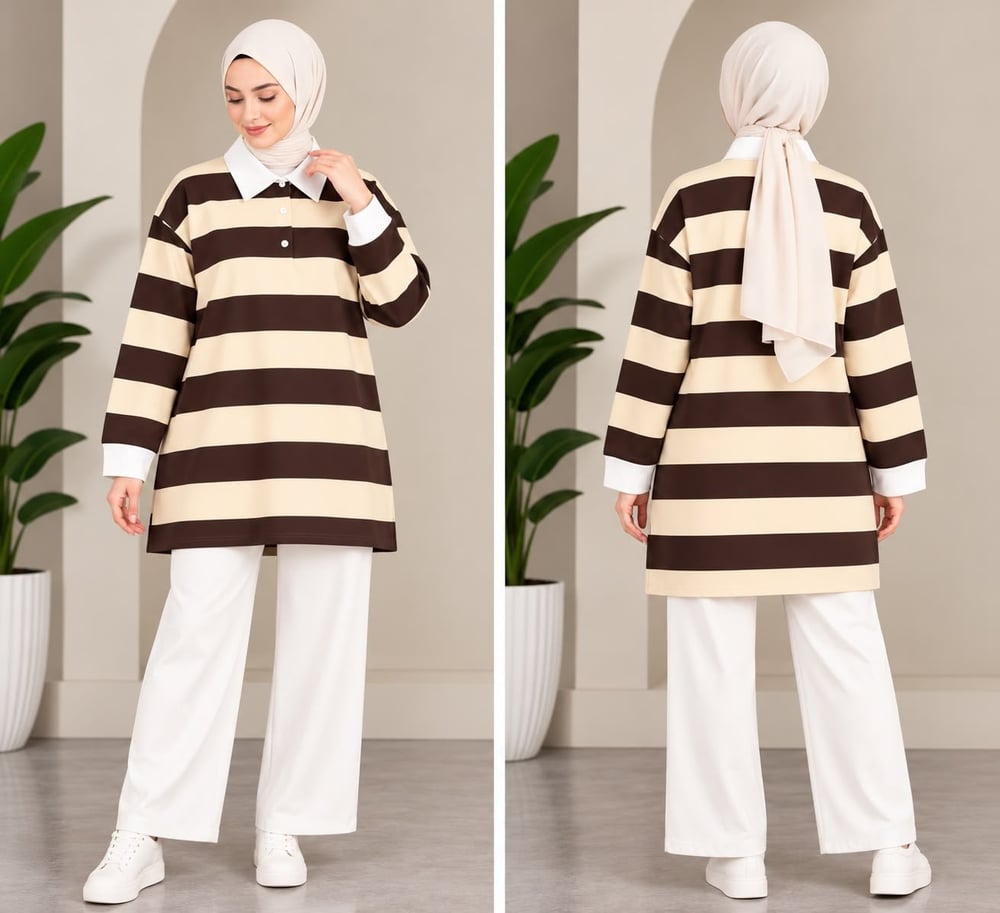 Kadın Tesettür Trend Kalın Çizgili Tunik Pantolonlu Takım Sarı