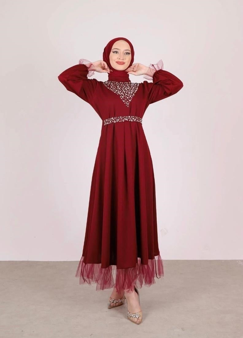 Kadın V Taşlı Özel Gün Elbisesi Kırmızı