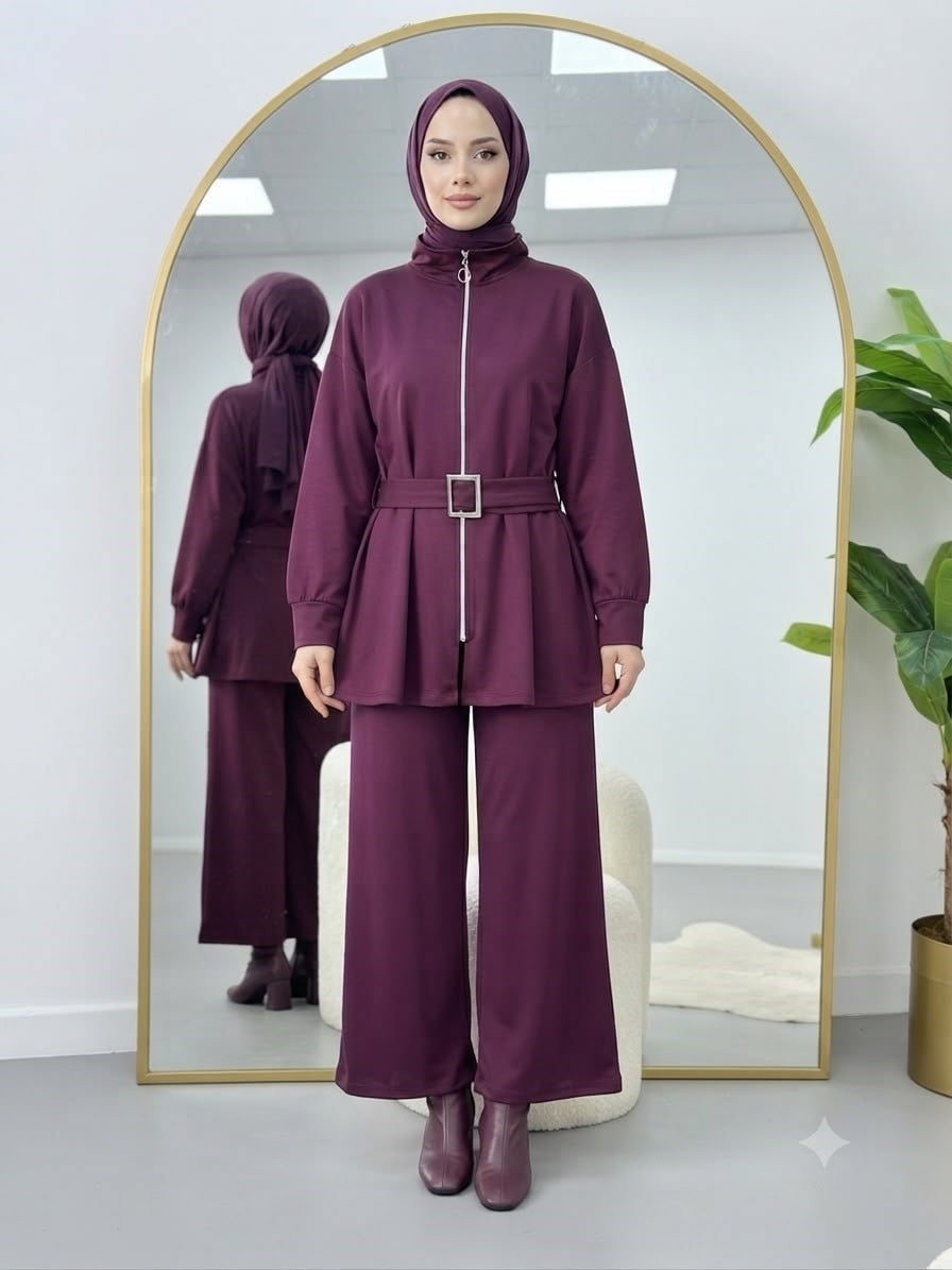 Loyşa Kemer Detaylı Pantolonlu Takım Mürdüm