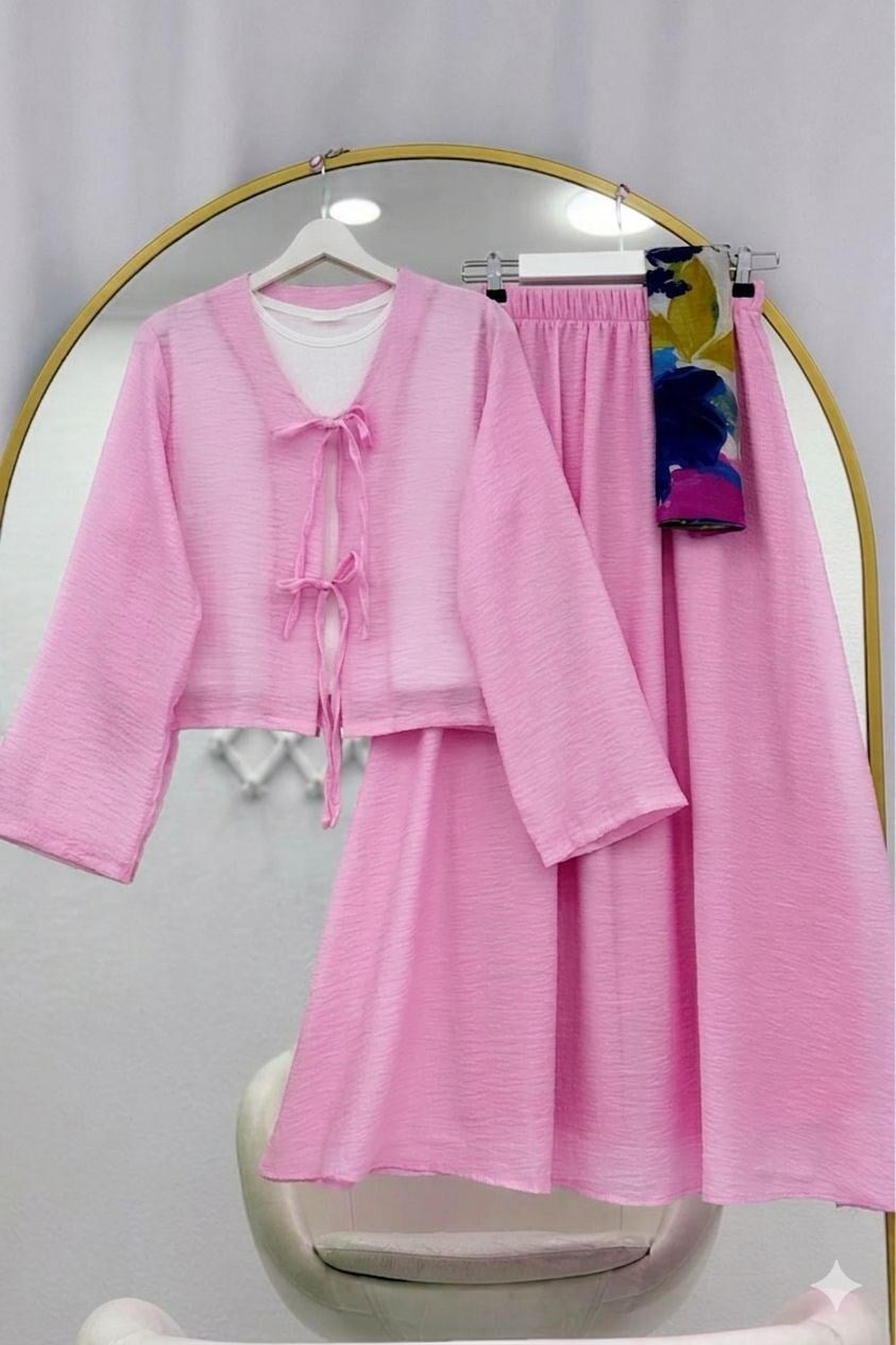 Müslin Dokulu Bağlamalı Etekli Takım Pembe