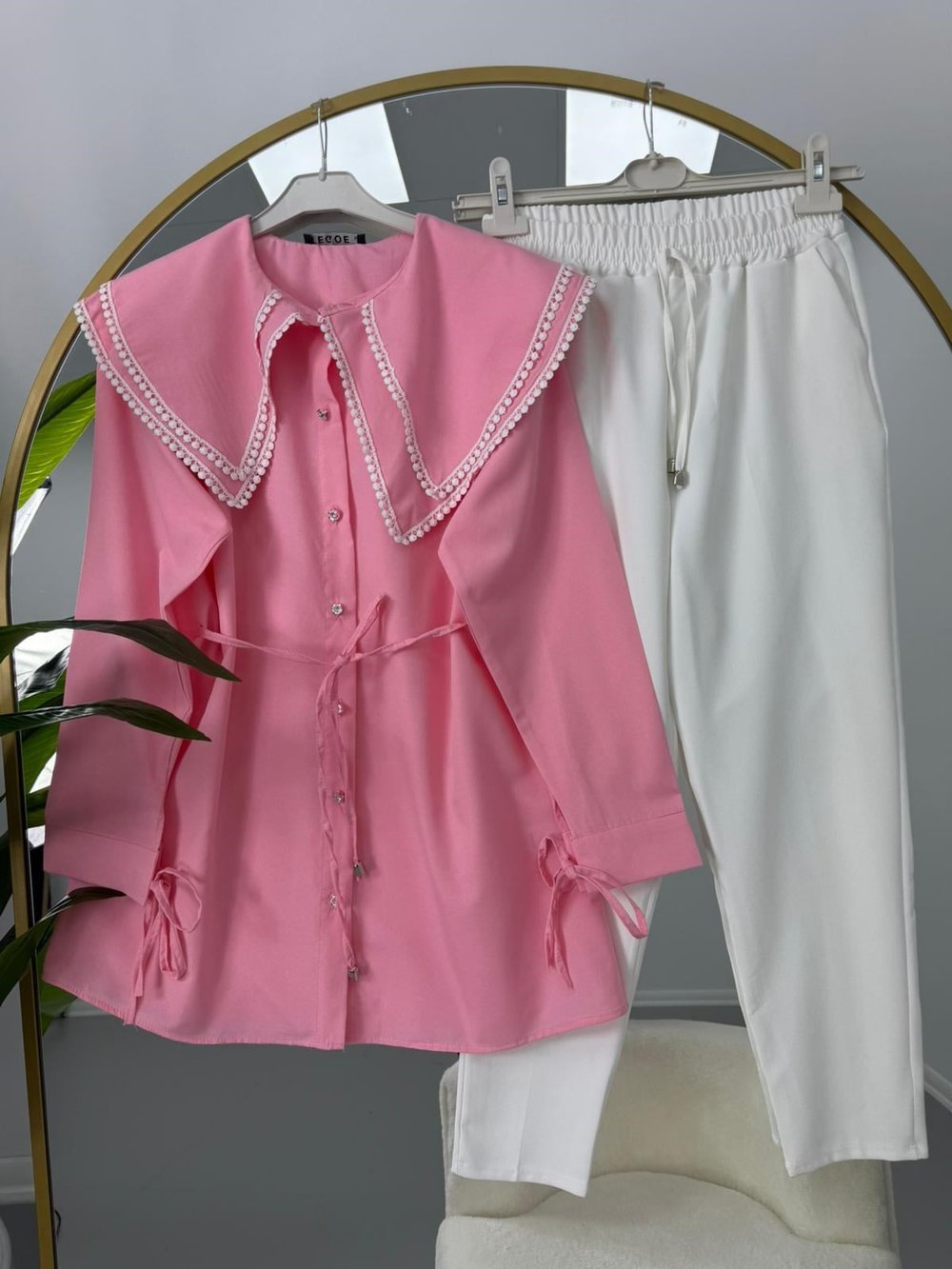 Vintage Yaka Pantolonlu Takım Pembe