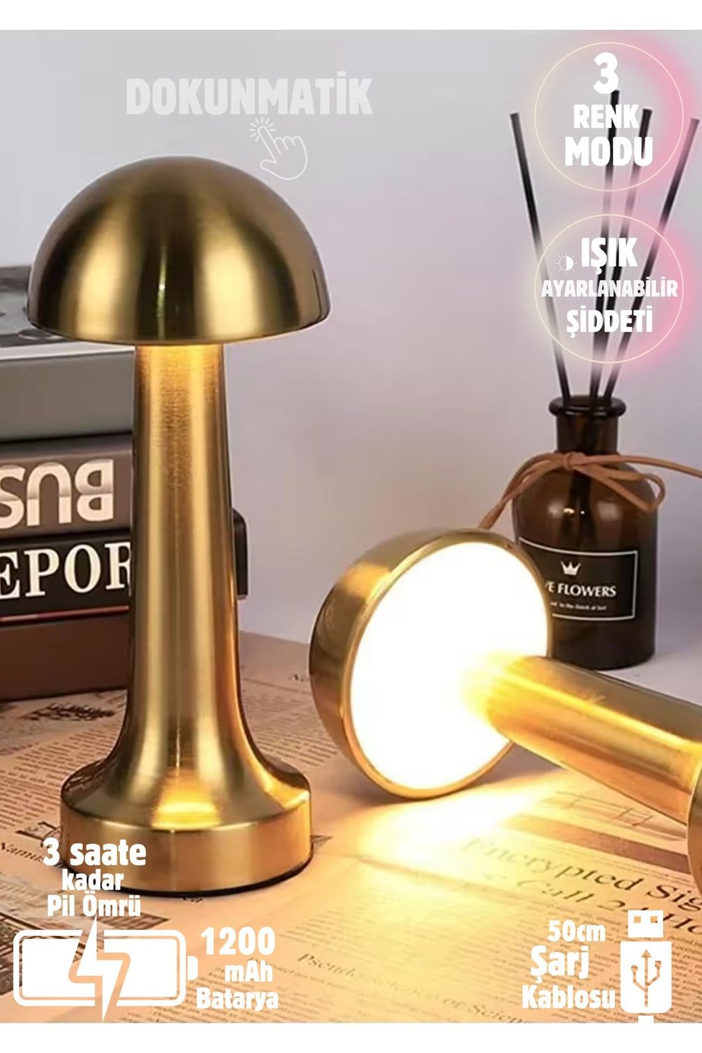 Dokunmatik Mantar Masa Lambası Metal 3 Işık Renkli Şarjlı Masa Lambası Rose Gold