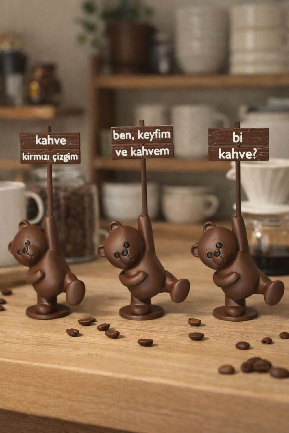 Dekoratif Ayıcık Kahve Seti – Minimal Ev Aksesuarı Hediyelik 3'Lü Set