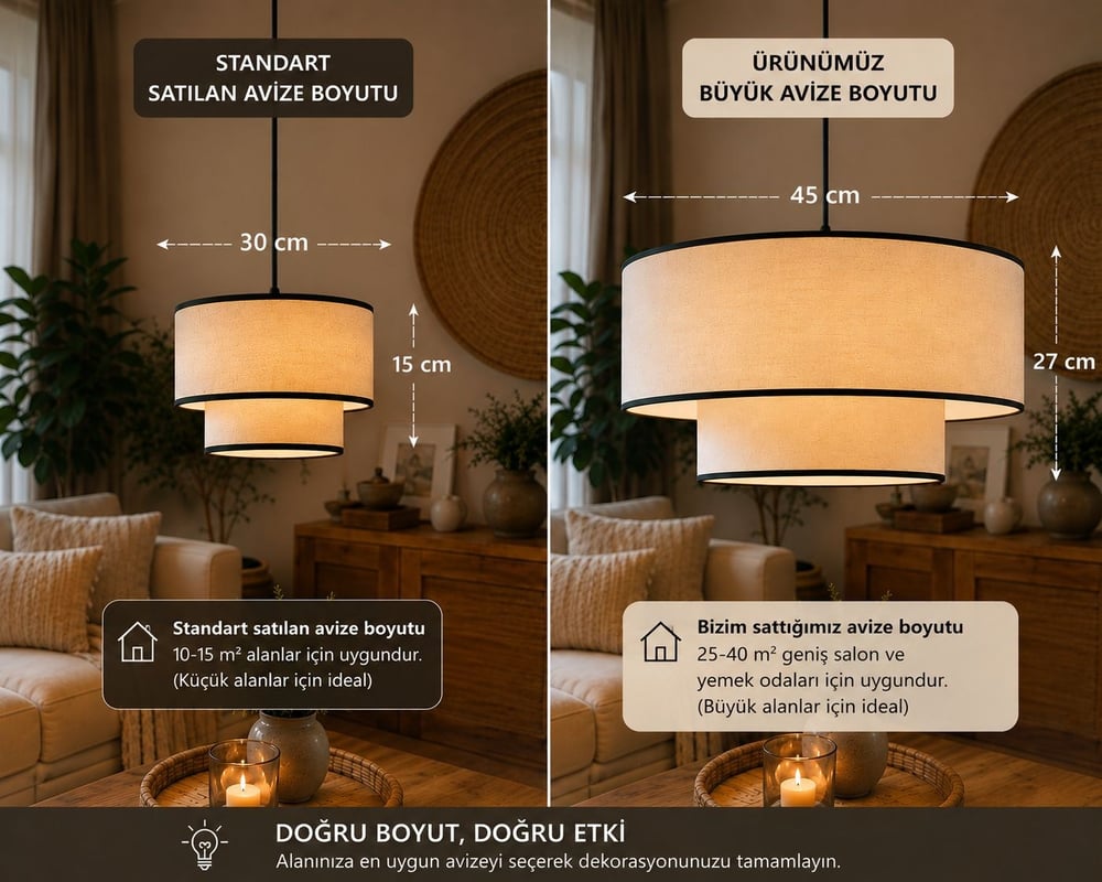 45 cm Büyük Boy Kumaş Sarkıt Avize – Modern Salon, Yemek Odası ve Oturma Odası Tavan Avizesi