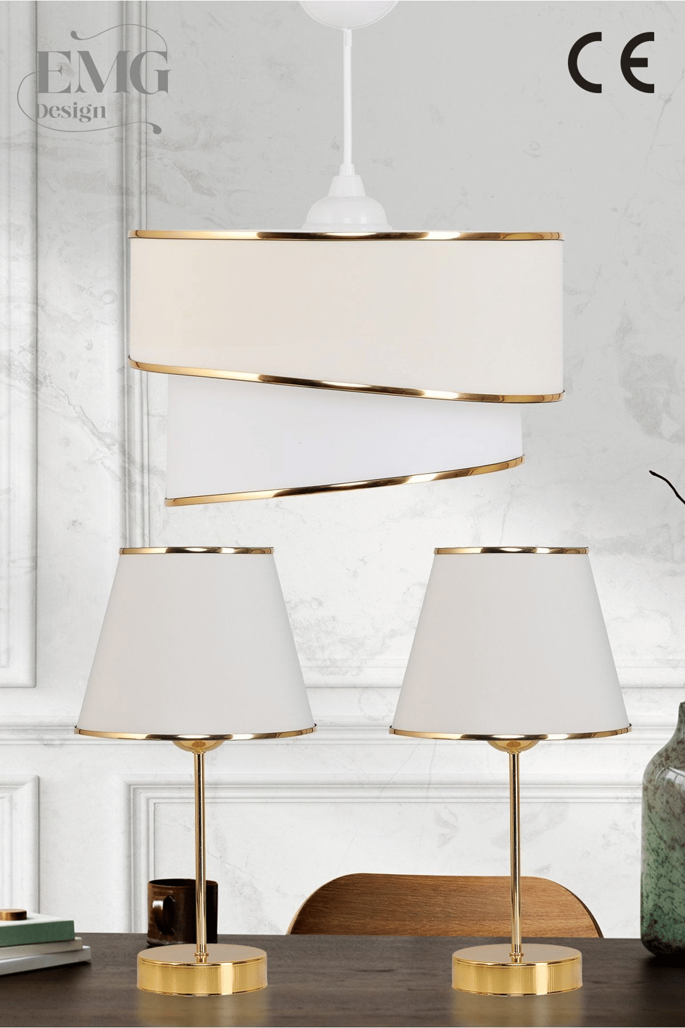 Kumaş Galaksi Modern Pasta Tekli Ve 2 Li Gold Abajur Seti