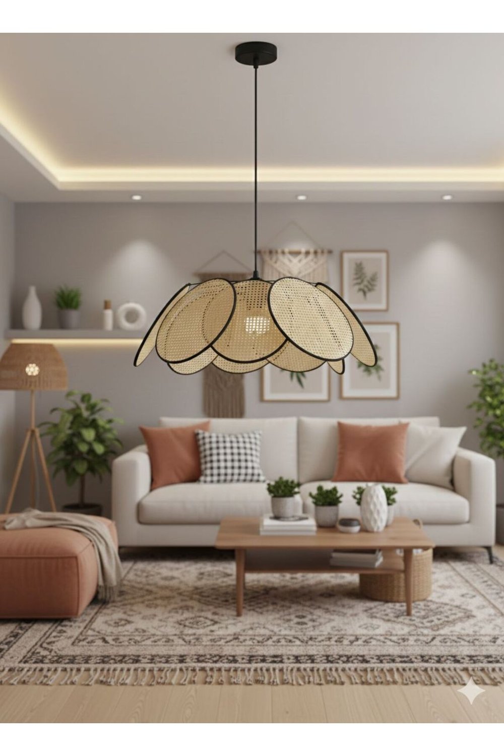 Modern Tasarım Çiçek Sarkıt Avize Rattan Boheme Salon Oturma Odası Mutfak Avizesi