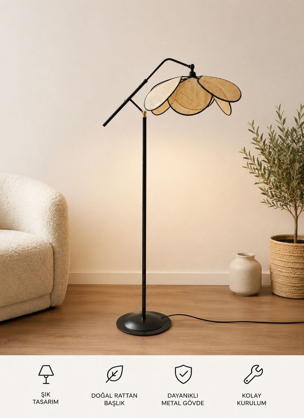 Rattan Çiçek Başlık Denge Lambader Salon Yatak Odası Çocuk Odası Rustik Bohem