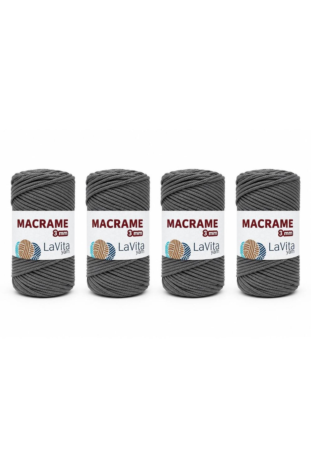 LaVita Macrame El Örgü İpi %100 Polyester 3MM 1 KİLOGRAM 4 ADET (420 GRİ)
