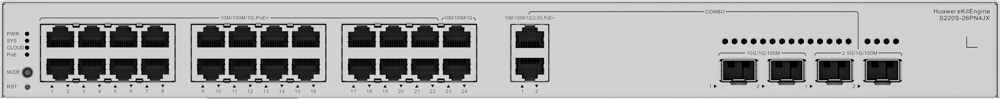 HUAWEI 24port 400W PoE eKIT S220S-26PN4JX GIGABIT 2-SFP 2.5GbE-2-SFP 10GbE Yönetilebilir Switch Rack