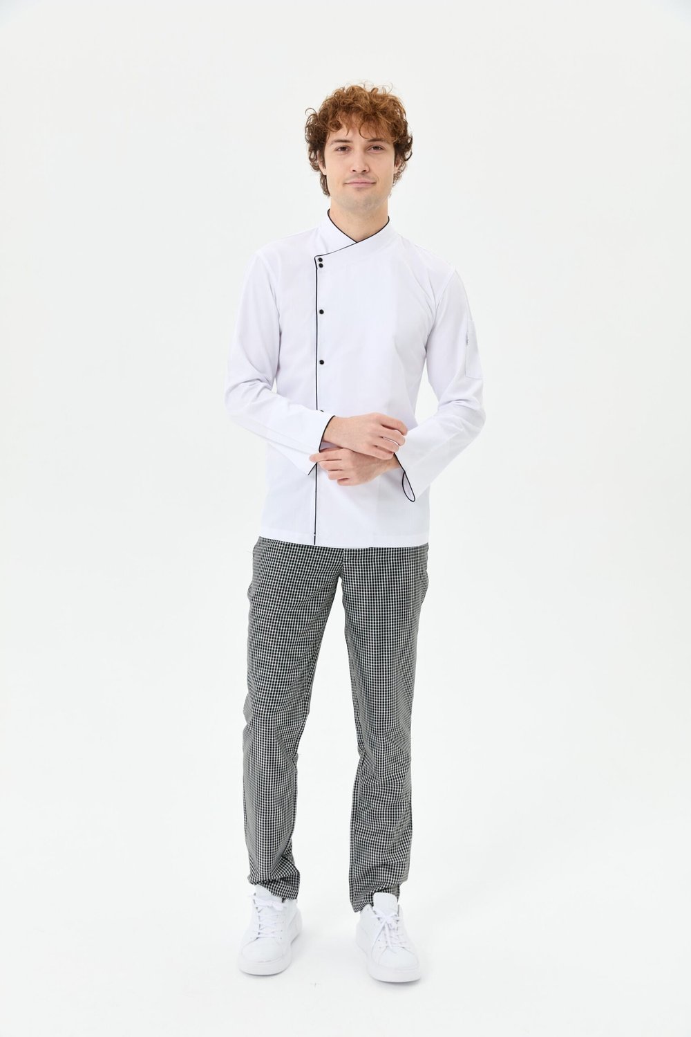 Rana Yaka Biyeli Erkek Aşçı Ceketi Beyaz - Keten Dokulu - MyChef Uniforms