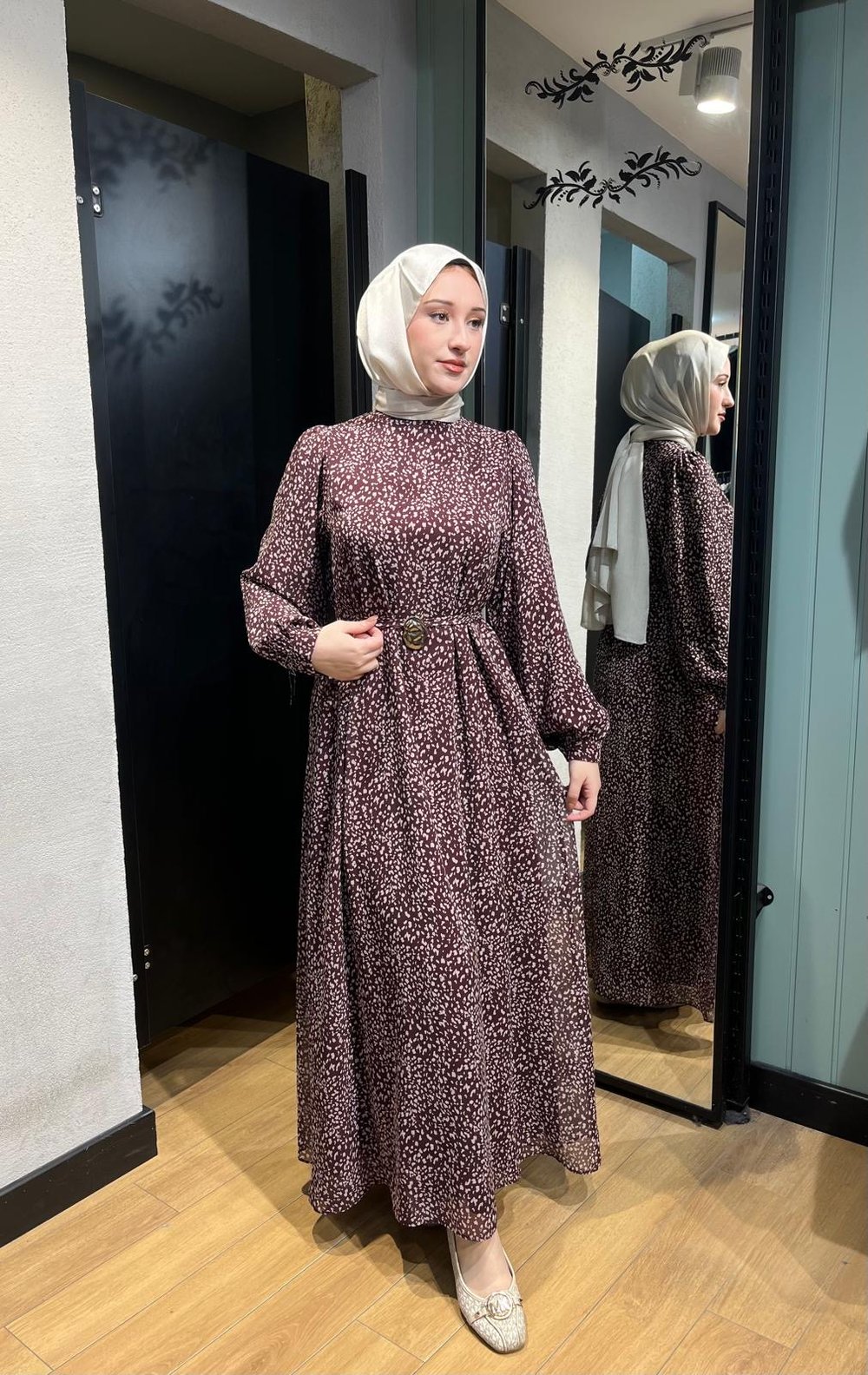 Desenli Şifon Elbise Bordo