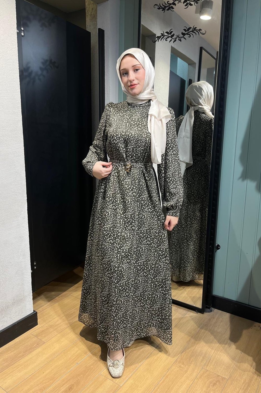 Desenli Şifon Elbise Yeşil