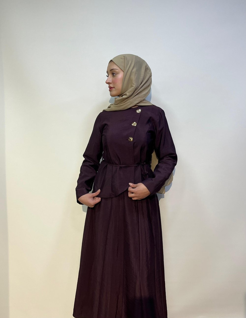 Düğme Detaylı Etekli Takım Mürdüm