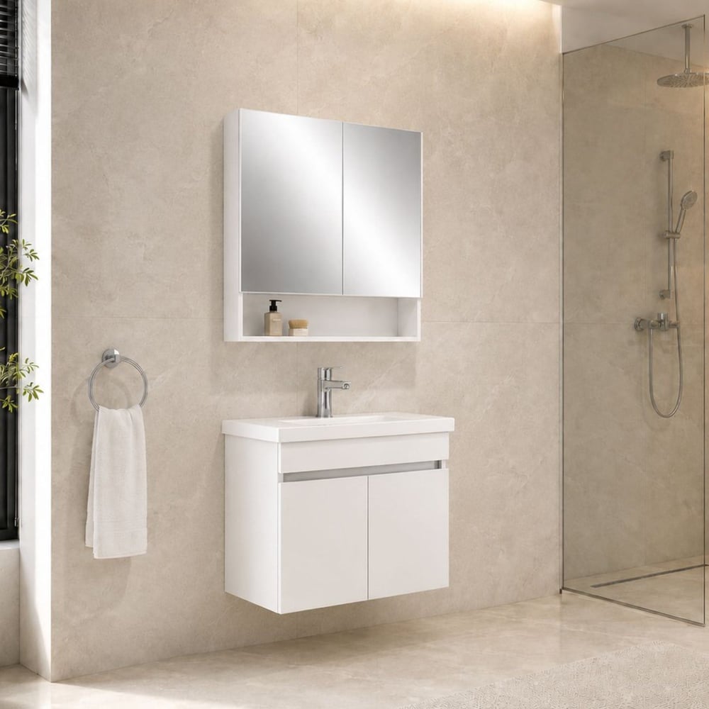 Kale Optimum 80 cm Set Beyaz (Lavabo + Dolap + Düz Ayna)-Banyo Dolabı Seti-610100202016-Kale