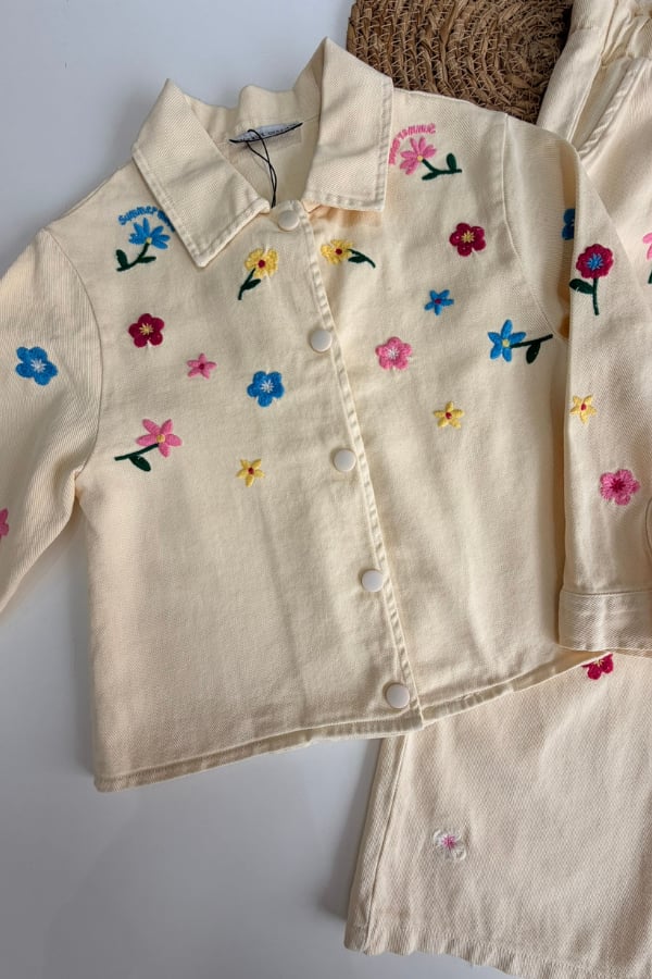 Çiçek Nakış Detaylı Ceket ve Pantolon Takım (Bej)