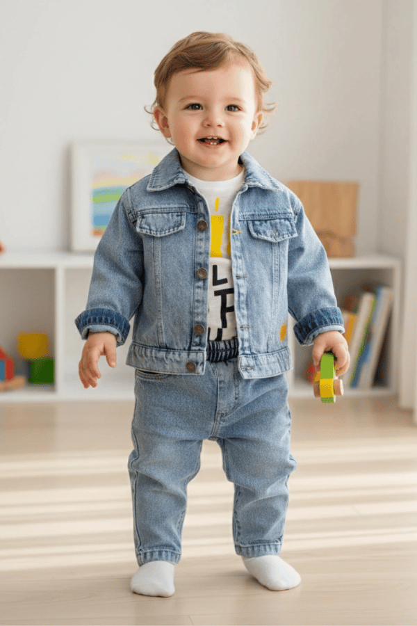Erkek Bebek 3lü Kot Ceket Pantolon ve Tişört Takım
