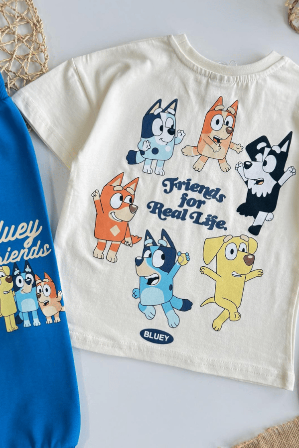 Erkek Çocuk Bluey Baskılı Tişört ve Eşofman Takım Mavi