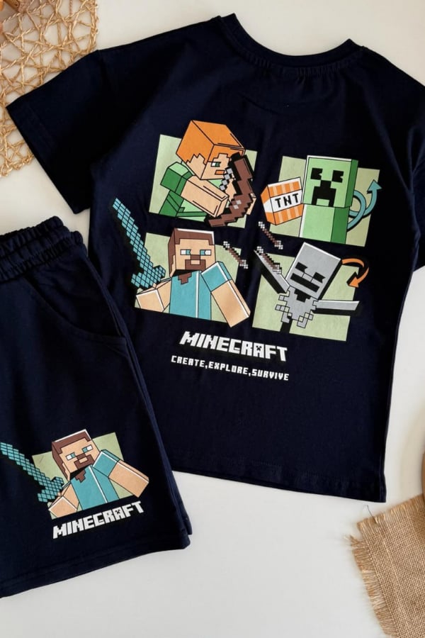 Erkek Çocuk Minecraft Baskılı Şortlu Takım Siyah