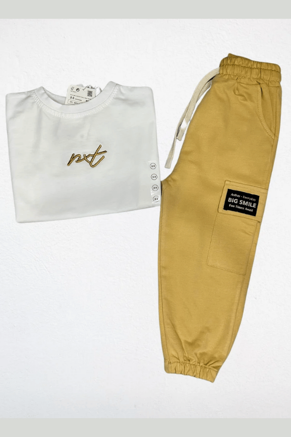 Erkek Çocuk Nakışlı Oversize Tişört ve Jogger Takım Bej