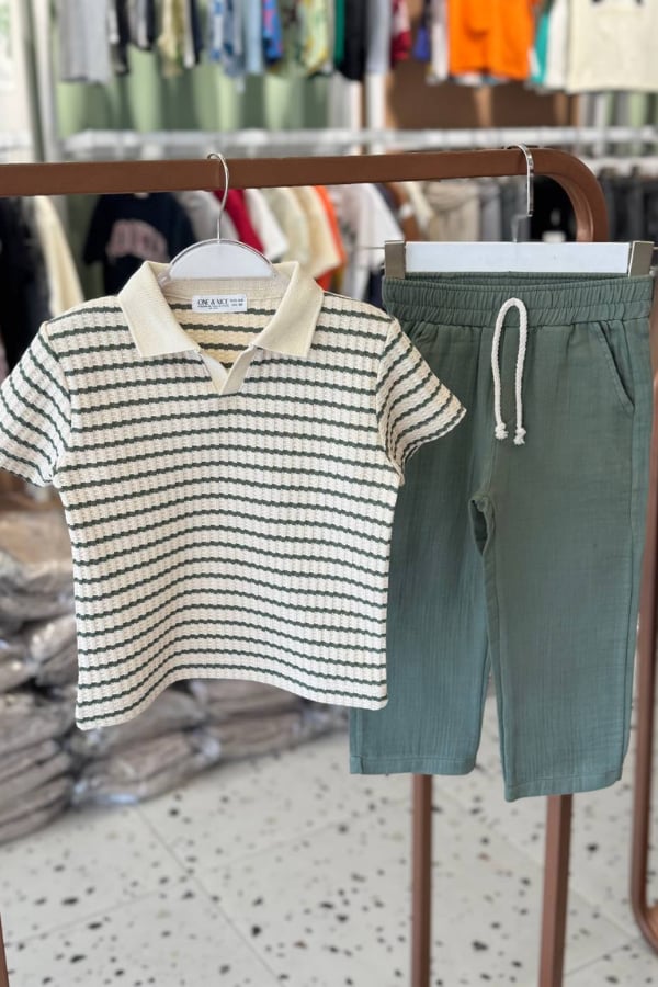 Erkek Çocuk Polo Yaka Müslin Tişört ve Pantolon Takım Yeşil