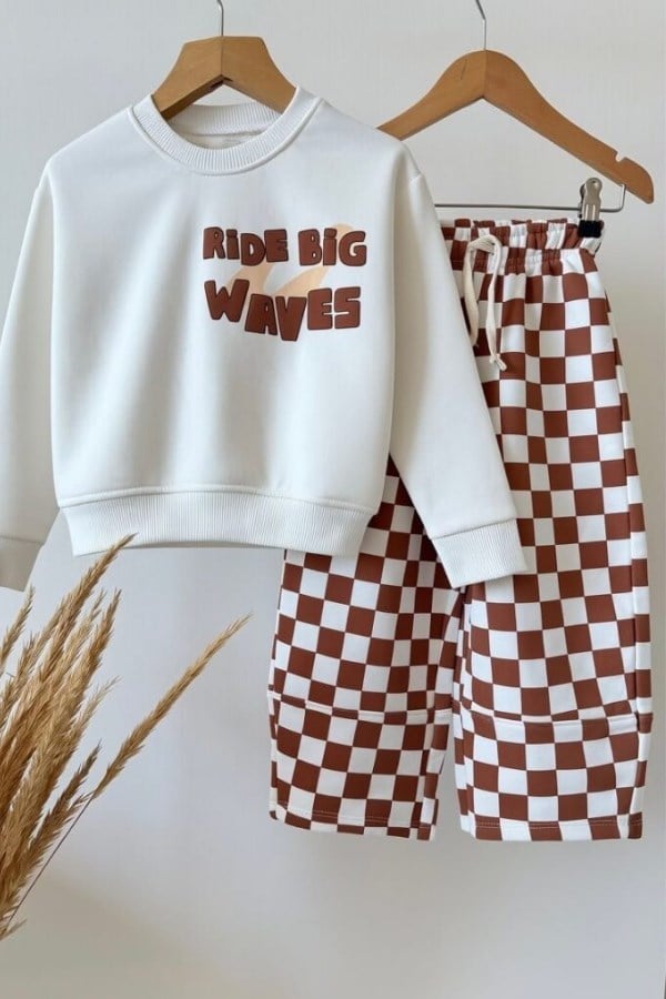 Erkek Çocuk Sweatshirt ve Damalı Eşofman Takım Kahverengi