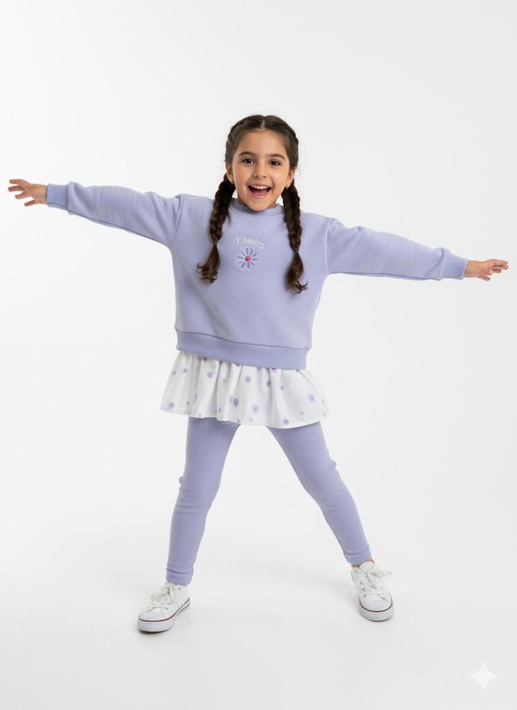 Kız Çocuk Çiçek Nakışlı Sweatshirt ve Tayt Takım Lila