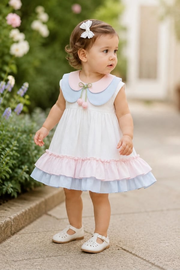 Kız Bebek Lale Detaylı Çift Yaka  Elbise