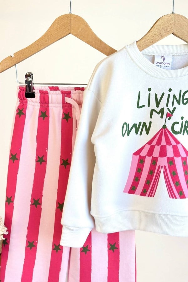 Kız Çocuk Baskılı Sweatshirt ve Eşofman Takım Pembe