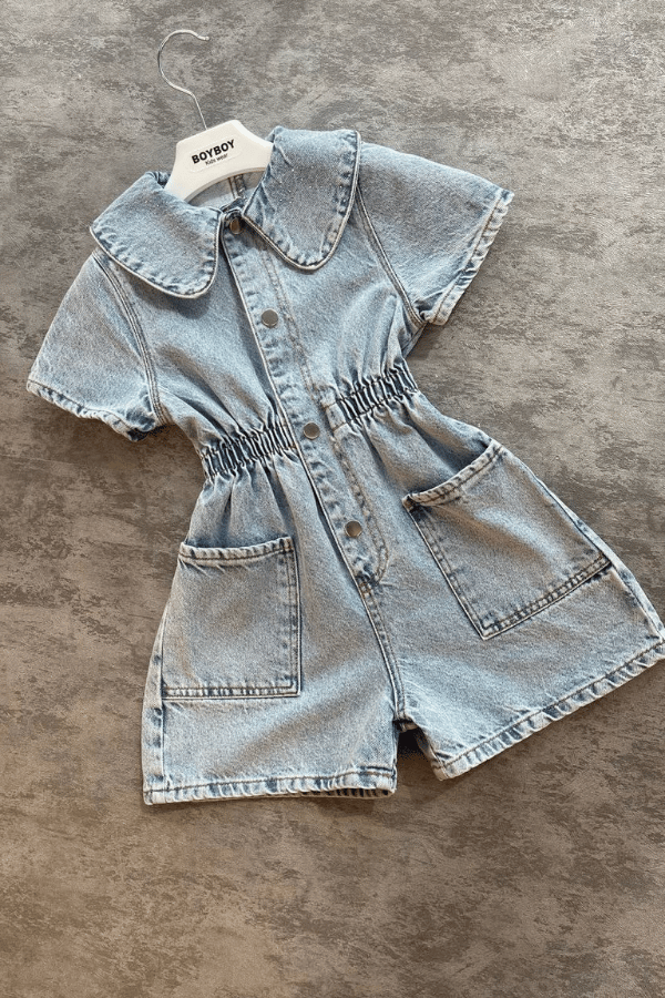 Kız Çocuk Bebe Yaka Taşlı Denim Salopet Mavi