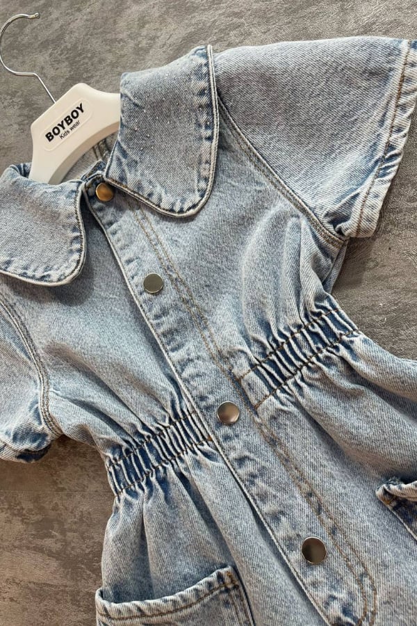 Kız Çocuk Bebe Yaka Taşlı Denim Salopet Mavi