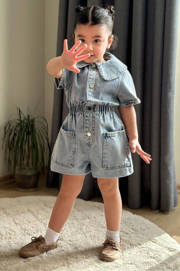 Kız Çocuk Bebe Yaka Taşlı Denim Salopet Mavi
