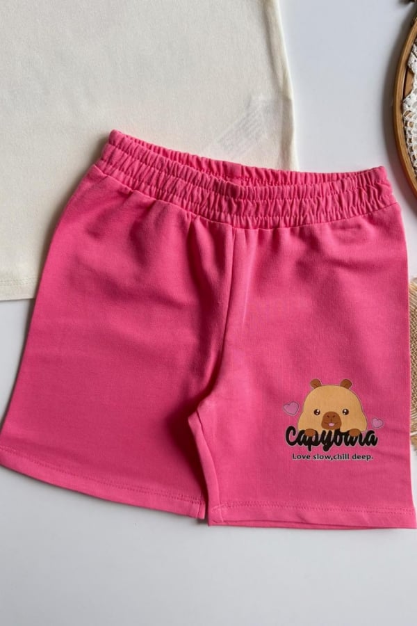 Kız Çocuk Capybara Baskılı Yazlık Tişört ve Şort Takım Ekru