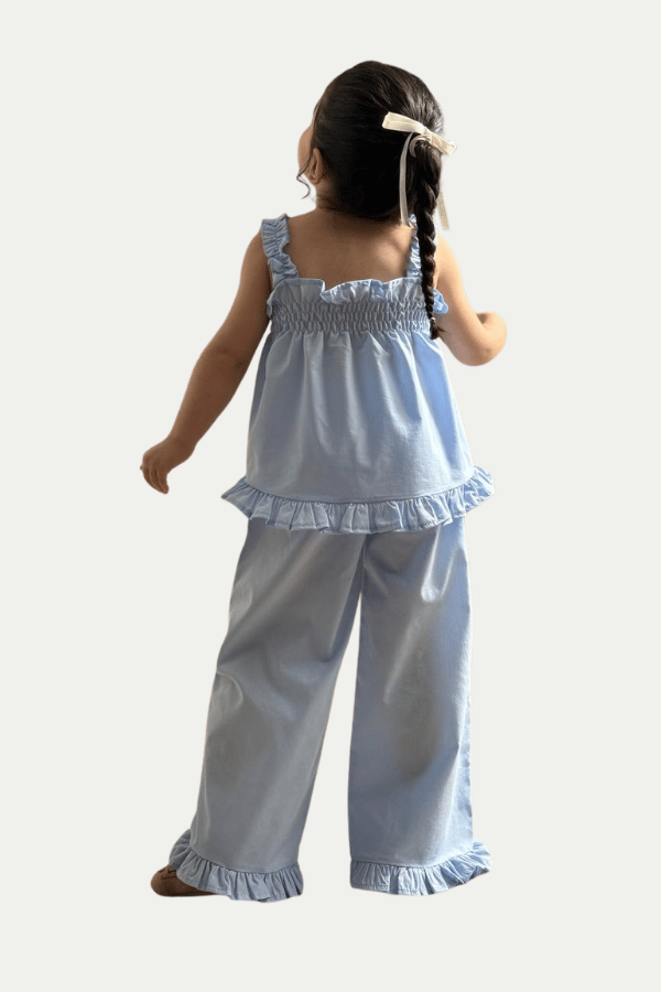 Kız Çocuk Fırfır Detaylı Bluz Pantolon Takım Mavi