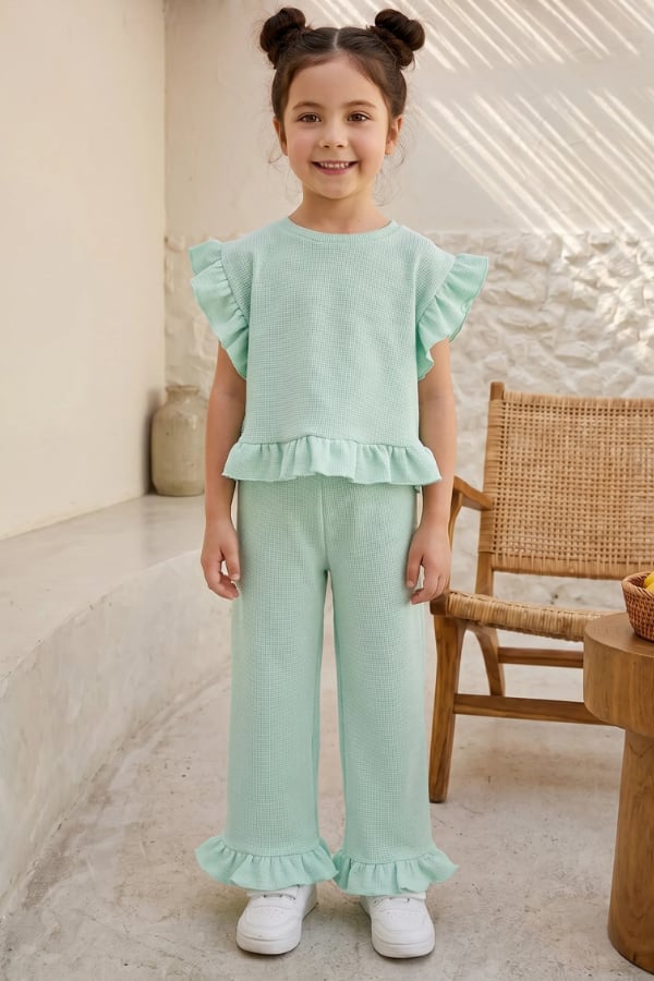 Kız Çocuk Fırfırlı Waffle İkili Takım Mint Yeşili