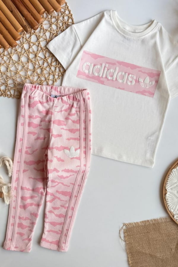 Kız Çocuk Logo Baskılı Taytlı Takım Pembe