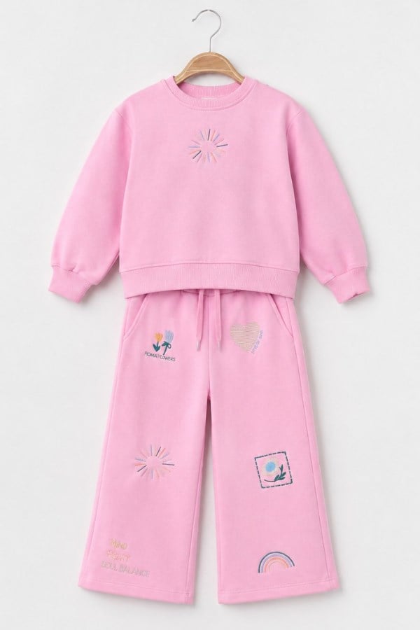 Kız Çocuk Nakış İşlemeli Sweatshirt Eşofman Takım Pembe