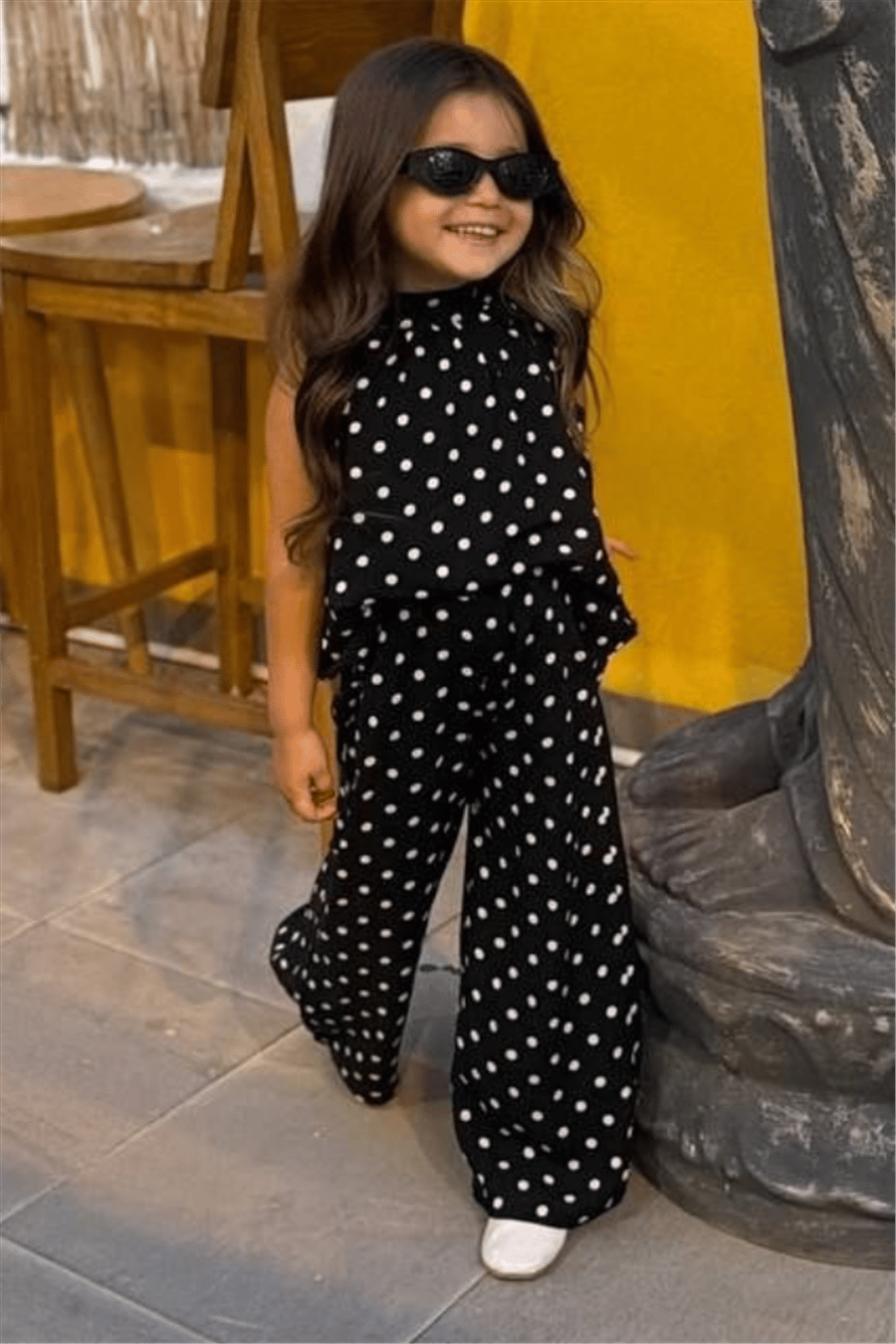 Kız Çocuk Puantiyeli Bluz ve Pantolon Takım Siyah